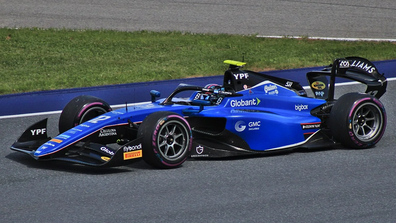 Franco Colapinto racing a Formula 2 car in Austria in 2024